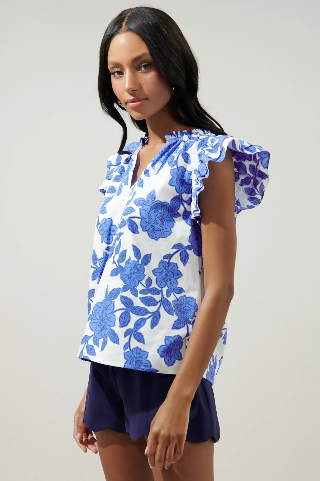 Glantis Floral Risette Ruffle Cap Sleeve Split Neck Top sold by Sugarlips product image thumbnail 3