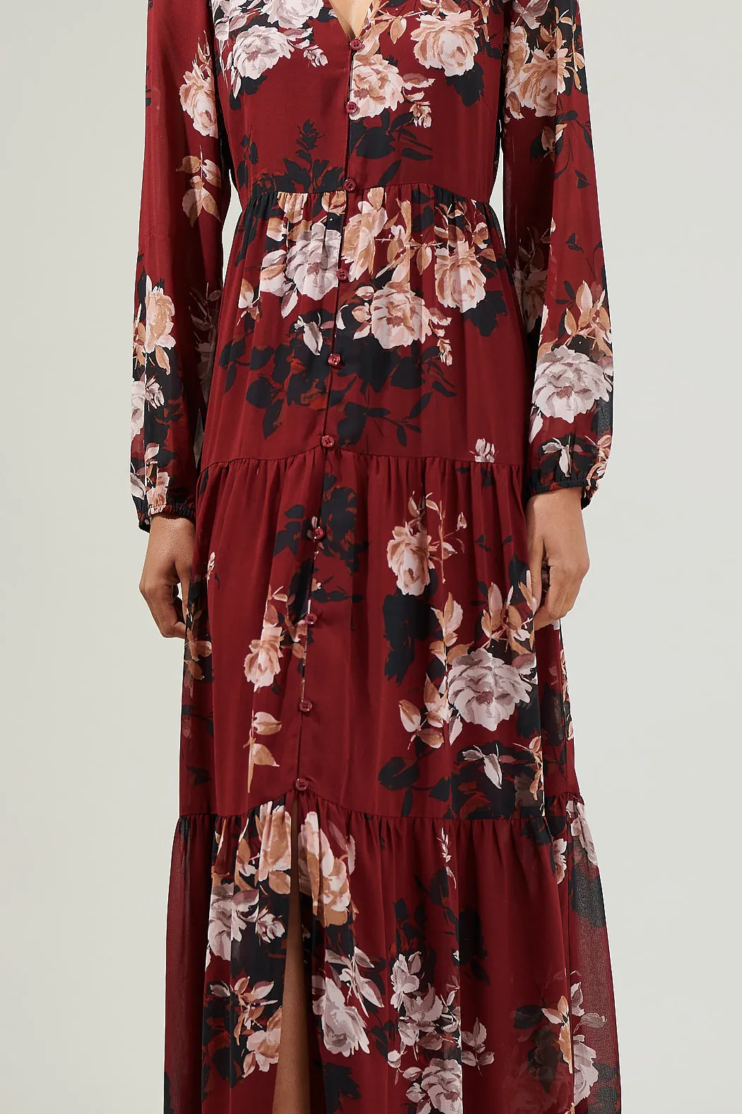 Bordeaux Floral Monaco Long Tiered Maxi Dress sold by Sugarlips product image thumbnail 5