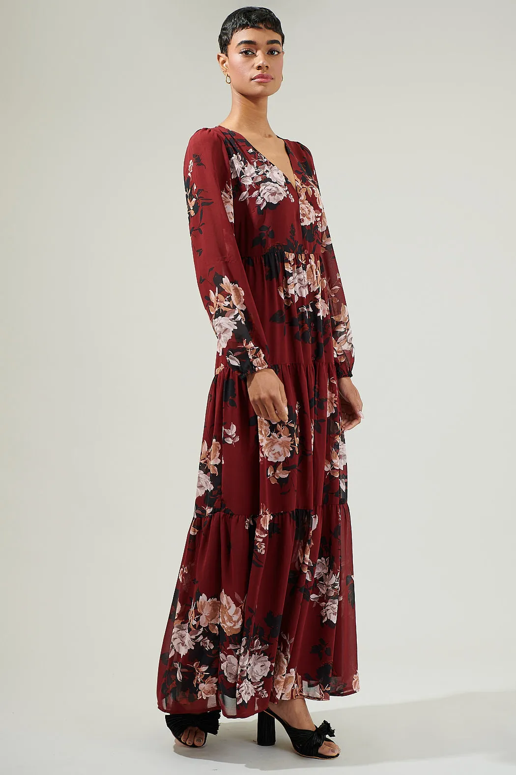 Bordeaux Floral Monaco Long Tiered Maxi Dress sold by Sugarlips product image thumbnail 4