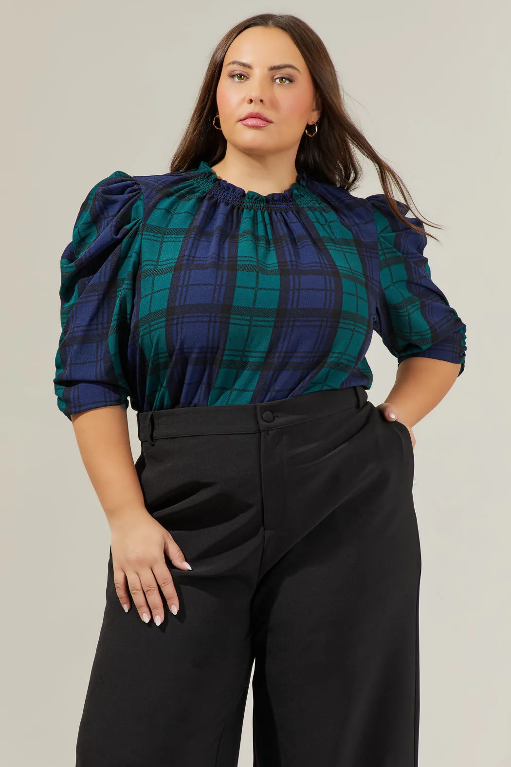 Hudson Plaid Drape Sleeve Top Curve sold by Sugarlips