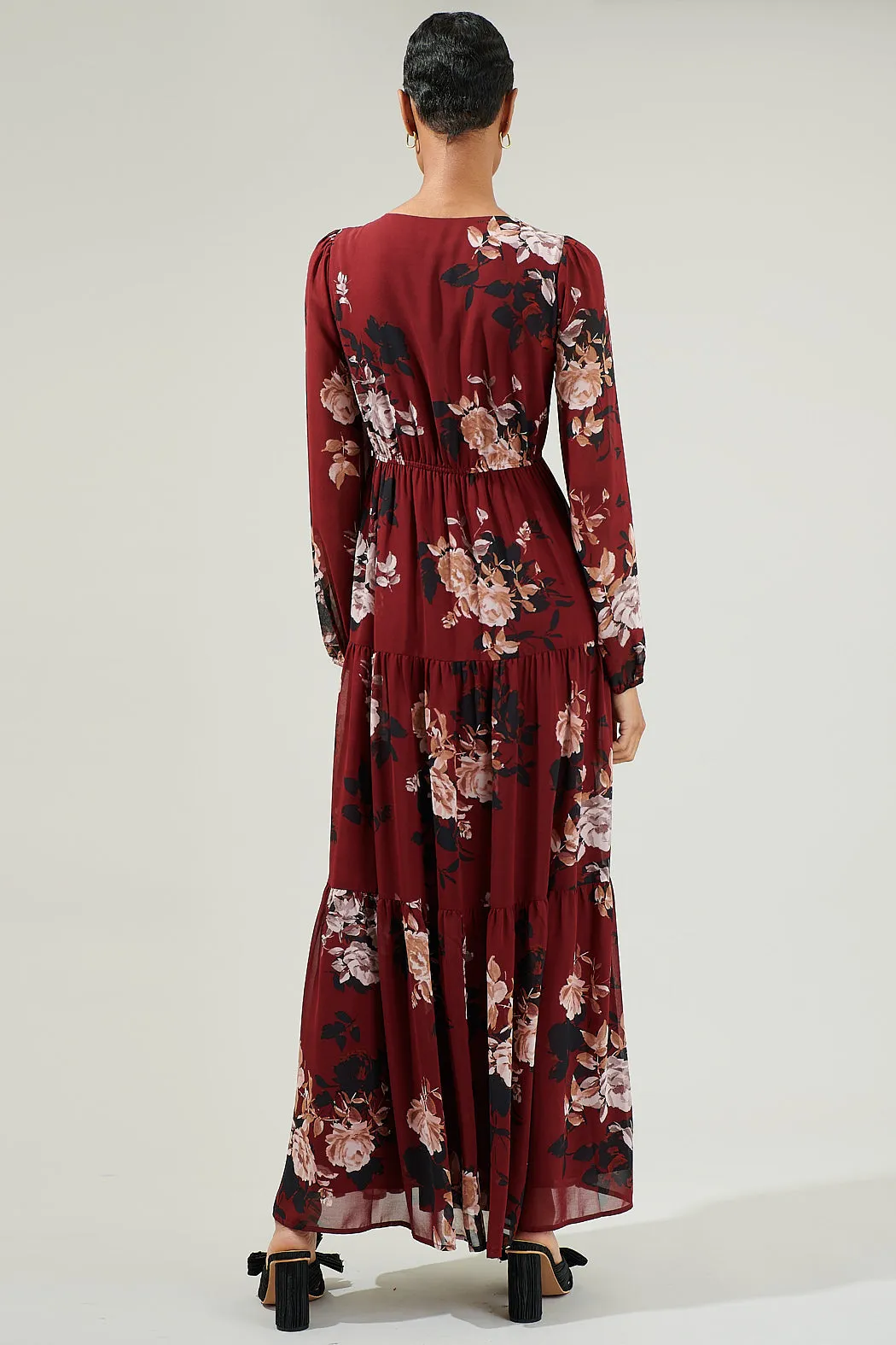 Bordeaux Floral Monaco Long Tiered Maxi Dress sold by Sugarlips product image thumbnail 3