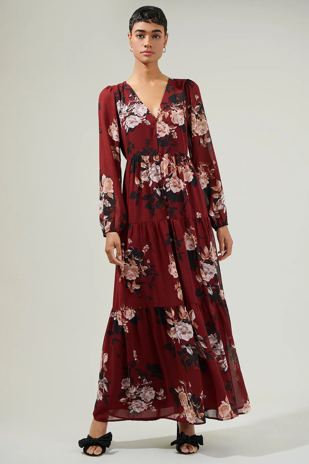 Bordeaux Floral Monaco Long Tiered Maxi Dress sold by Sugarlips product image thumbnail 2