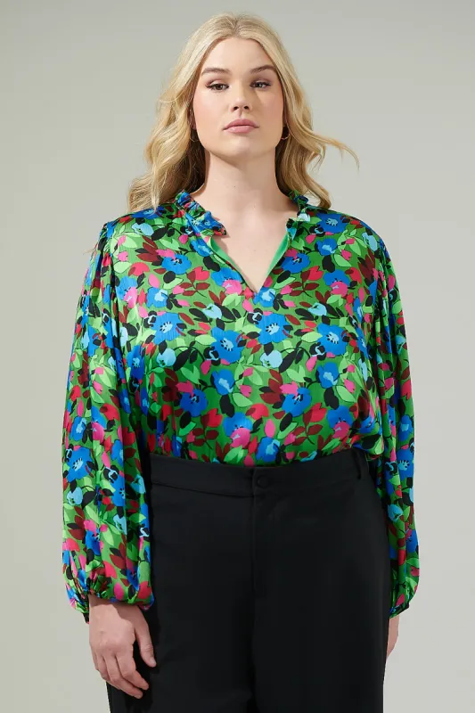 Destine Floral Hathaway Split Neck Long Sleeve Blouse Curve sold by Sugarlips
