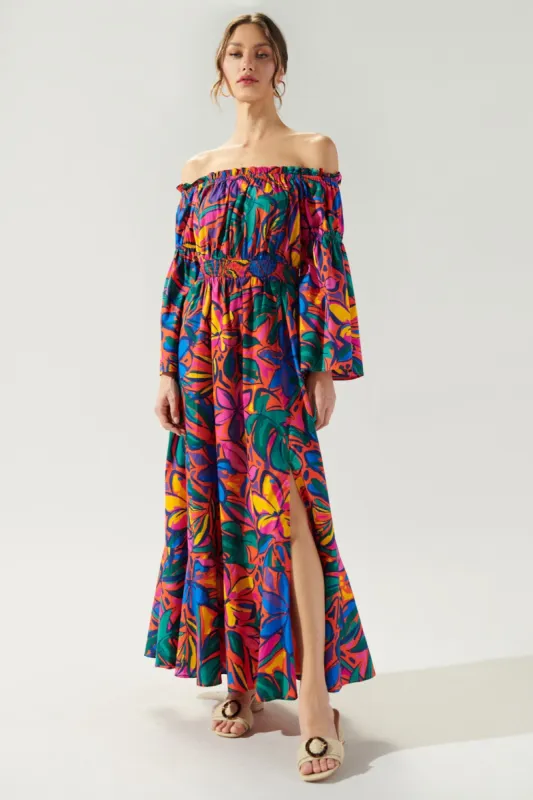 Rainbow Tropics Off the Shoulder Bell Sleeve Midi Dress sold by Sugarlips