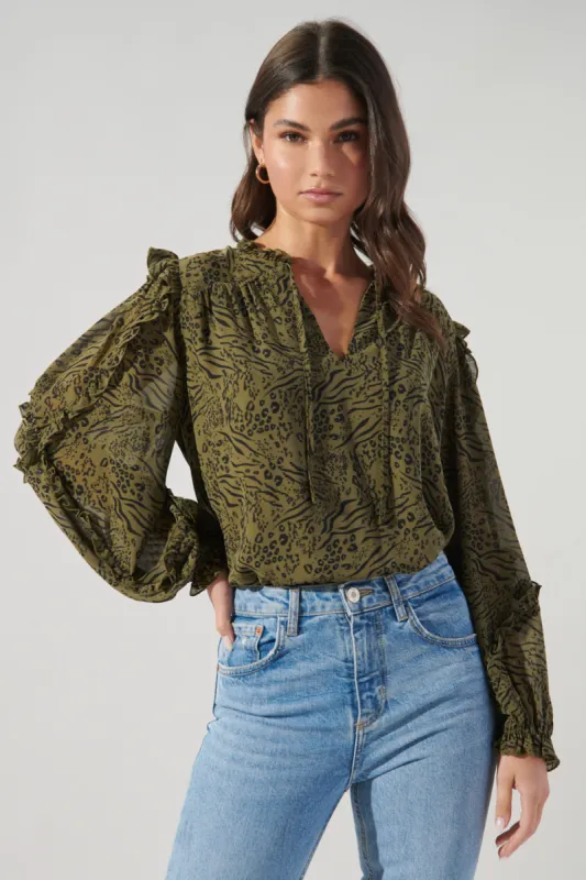 Leonna Olive Leopard Raj Ruffle Balloon Sleeve Blouse sold by Sugarlips