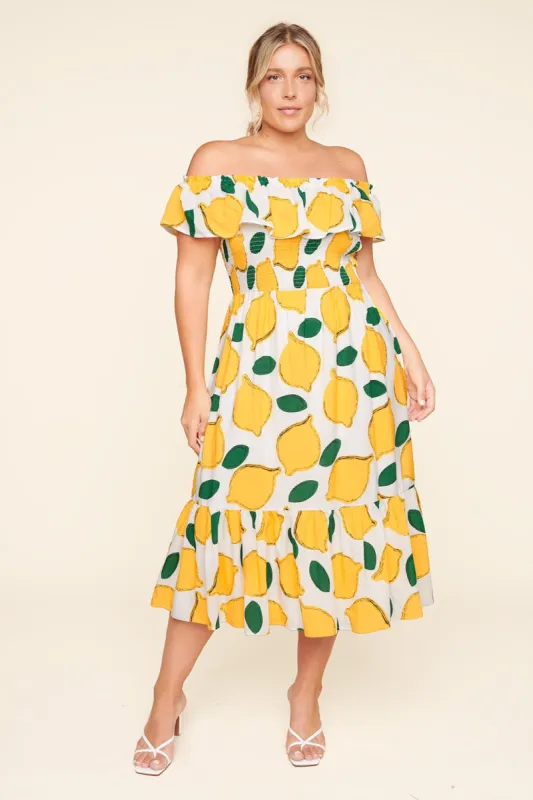 Pucker Up White Lemon Print Off The Shoulder Maxi Dress Curve sold by Sugarlips