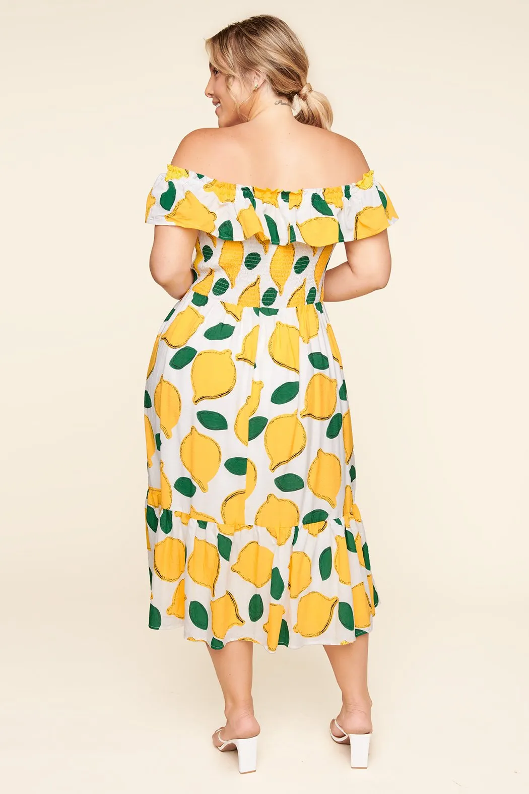 Pucker Up White Lemon Print Off The Shoulder Maxi Dress Curve sold by Sugarlips product image thumbnail 3