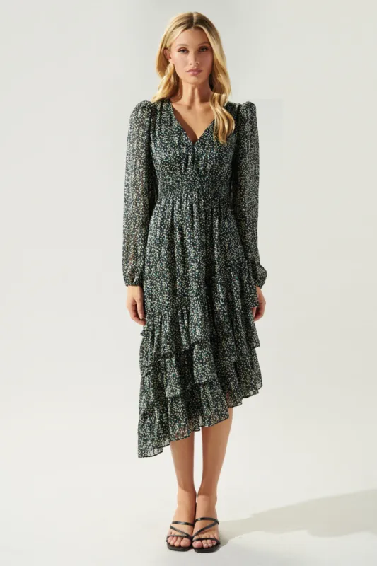 Stars Align Asymmetrical Ruffle Midi Dress sold by Sugarlips