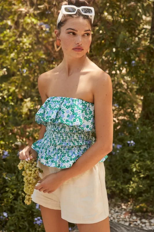 Turquatic Floral Brienne Smocked Ruffle Tube Top sold by Sugarlips