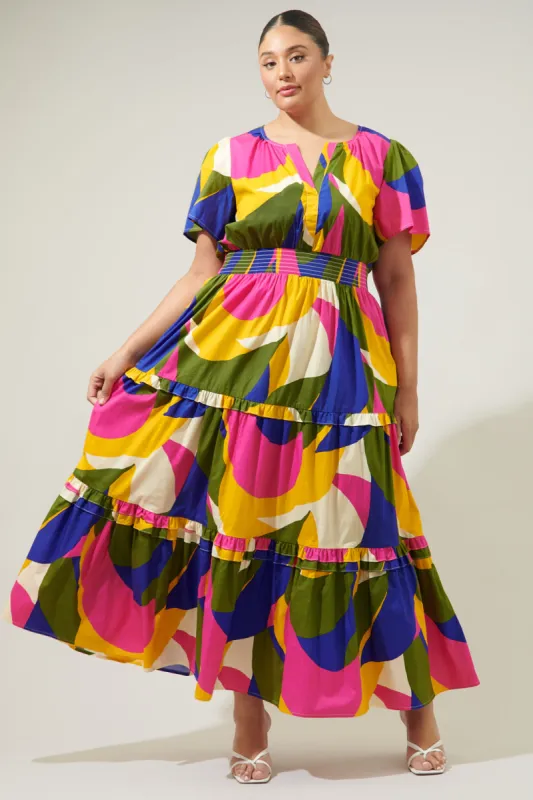 Rio Abstract Palmer Poplin Tiered Maxi Dress Curve sold by Sugarlips
