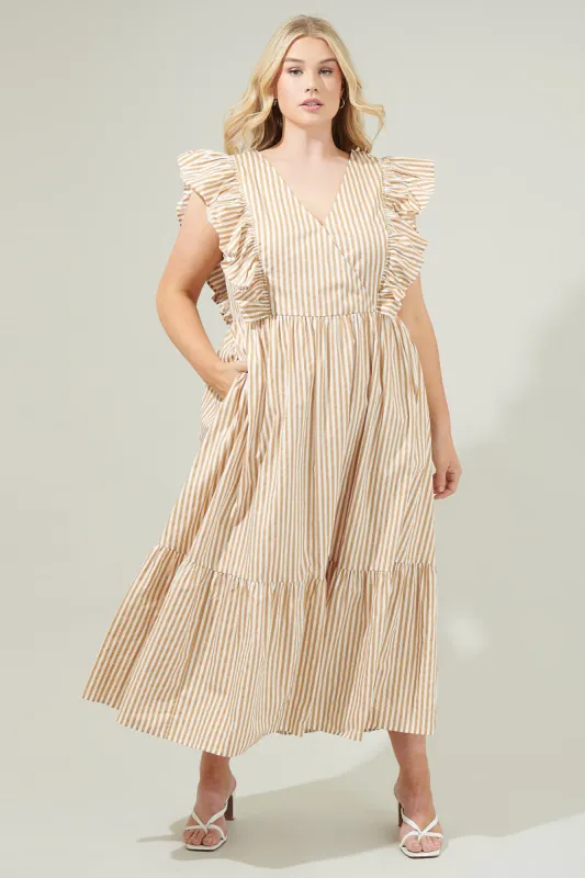 Luna Striped Fairness Taupe Poplin Surplice Midi Dress Curve sold by Sugarlips