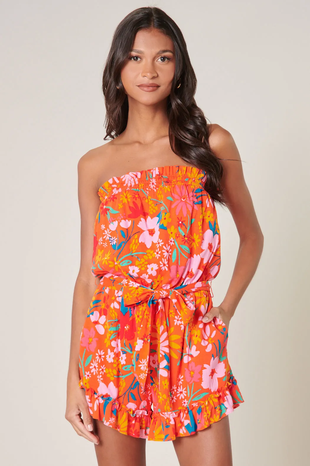 Southerland Floral Frilly Strapless Romper sold by Sugarlips