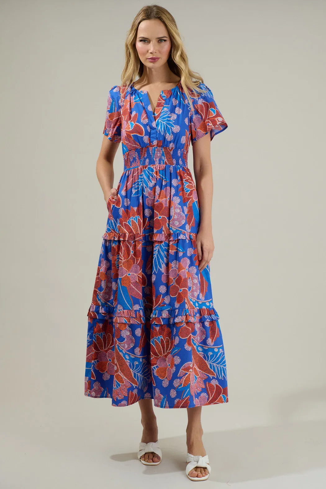 Amazonia Blue Floral Palmer Poplin Tiered Maxi Dress sold by Sugarlips