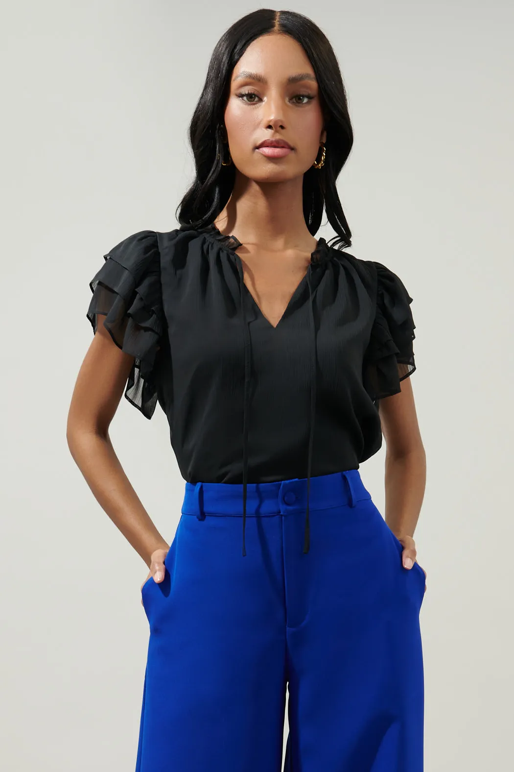 Montie Ruffle Tie Neck Blouse sold by Sugarlips