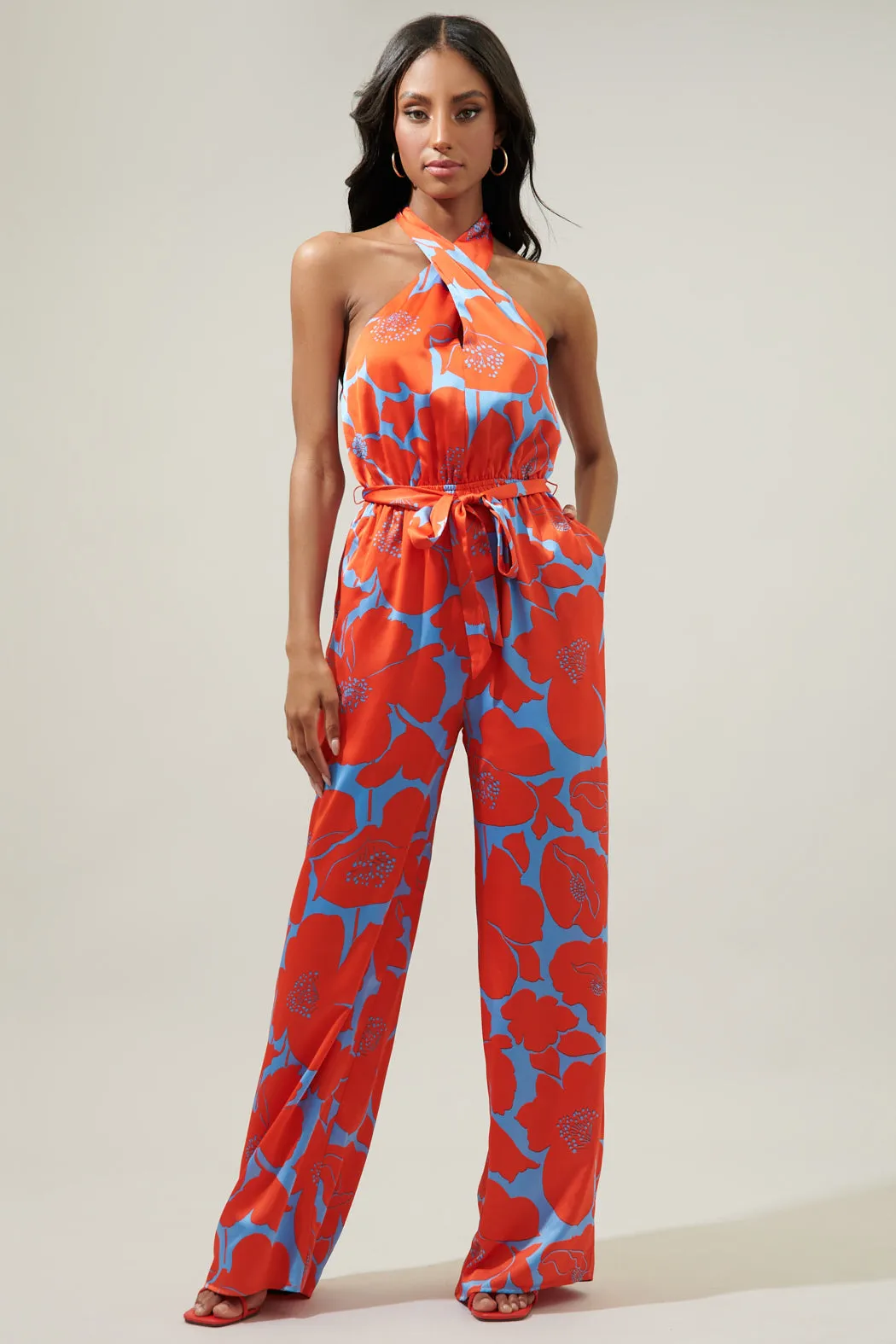 Poppy Floral Villanueva Satin Halter Jumpsuit sold by Sugarlips product image thumbnail 2