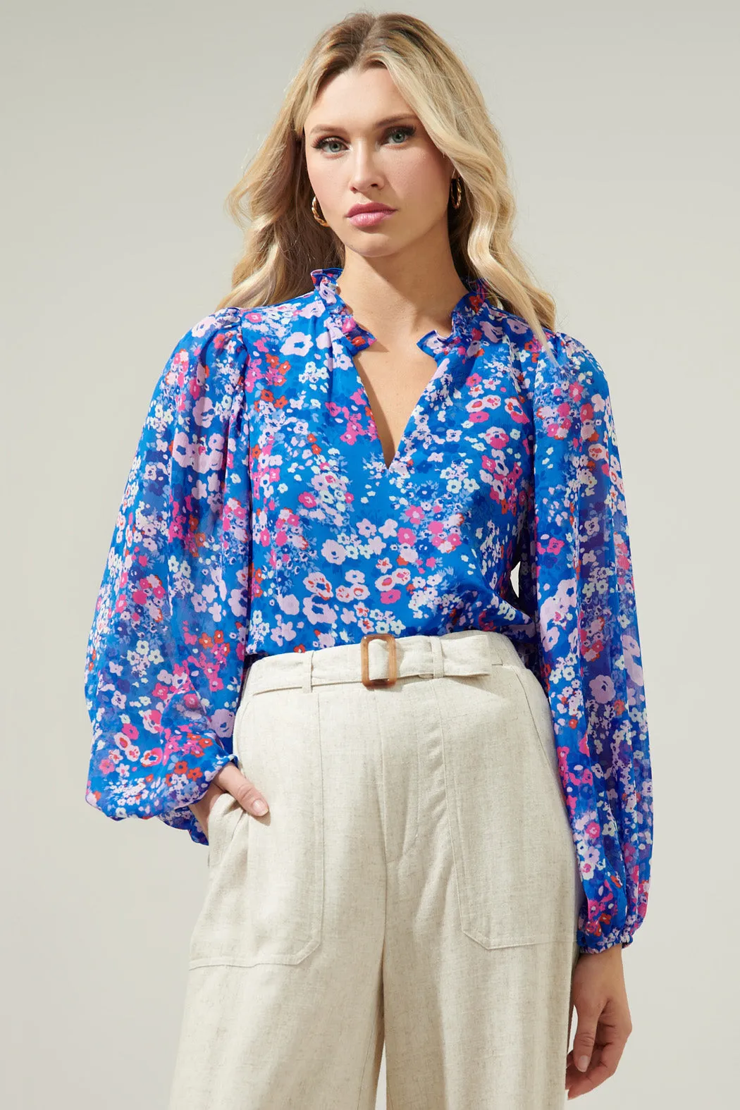 Junie Floral Hathaway Split Neck Long Sleeve Blouse sold by Sugarlips product image thumbnail 2