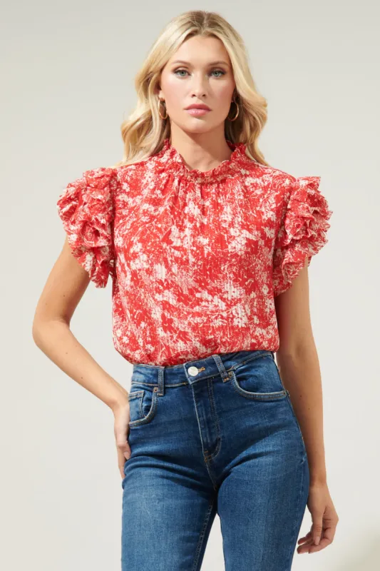 Rousseau Floral Brenna Mock Neck Ruffle Blouse sold by Sugarlips