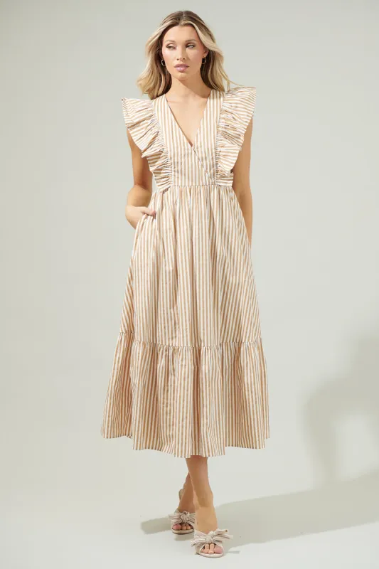 Luna Striped Fairness Taupe Poplin Surplice Midi Dress sold by Sugarlips