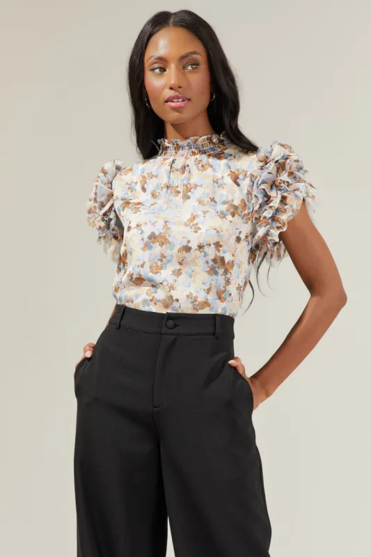 Luna Floral Brenna Mock Neck Ruffle Blouse sold by Sugarlips
