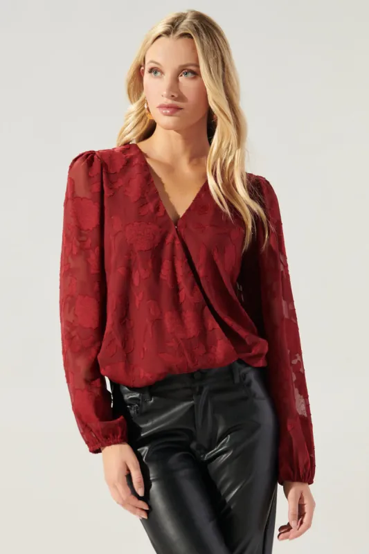 Yours Truly Floral Burnout Surplice Long Sleeve Blouse sold by Sugarlips