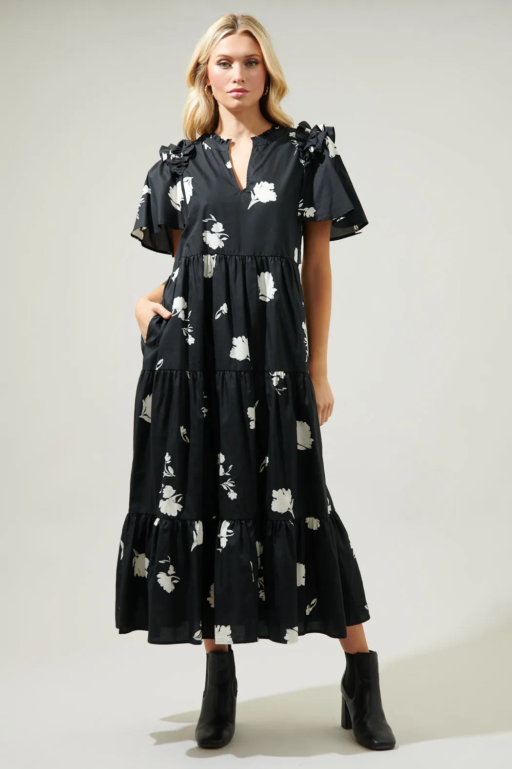 Fleur Noir Escondido Tiered Shift Midi Dress sold by Sugarlips product image thumbnail 4