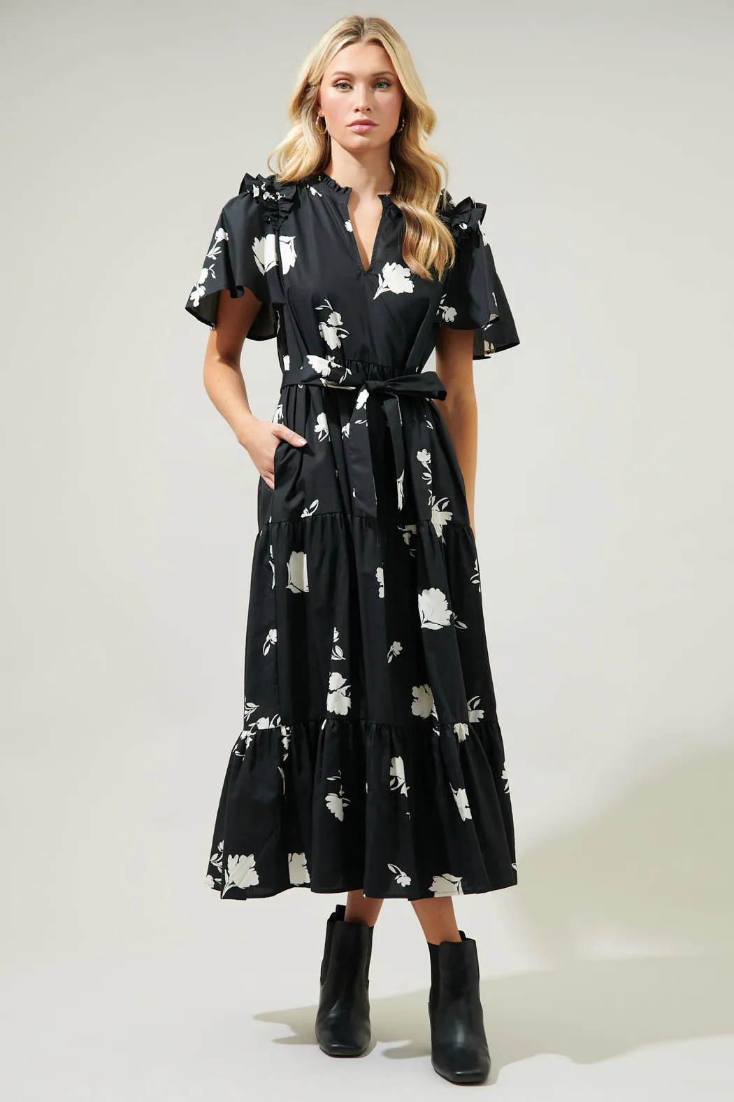Fleur Noir Escondido Tiered Shift Midi Dress sold by Sugarlips