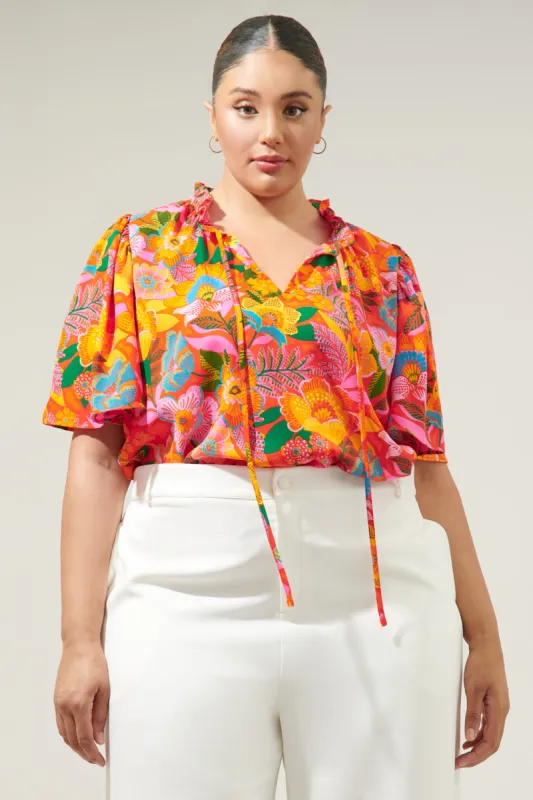 Idalia Floral Ruffle Split Neck Dupont Top Curve sold by Sugarlips