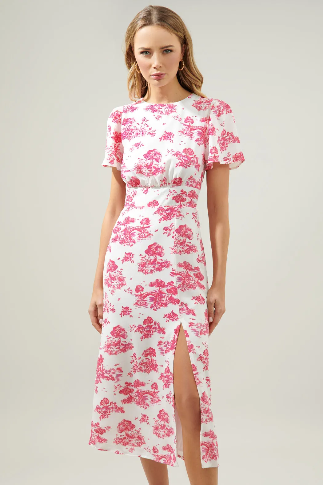 Ainsley Meadow Toile Bloom Midi Dress sold by Sugarlips