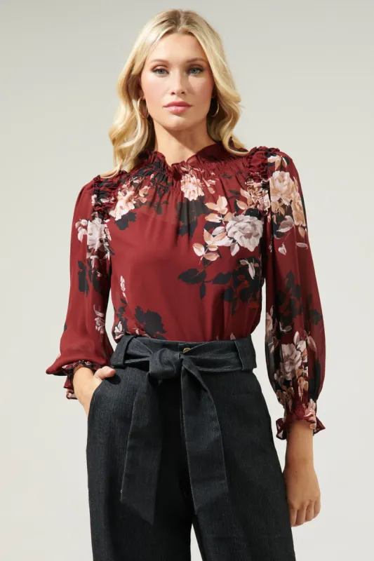 Bordeaux Floral Robin Ruffle Blouse made by Sugarlips