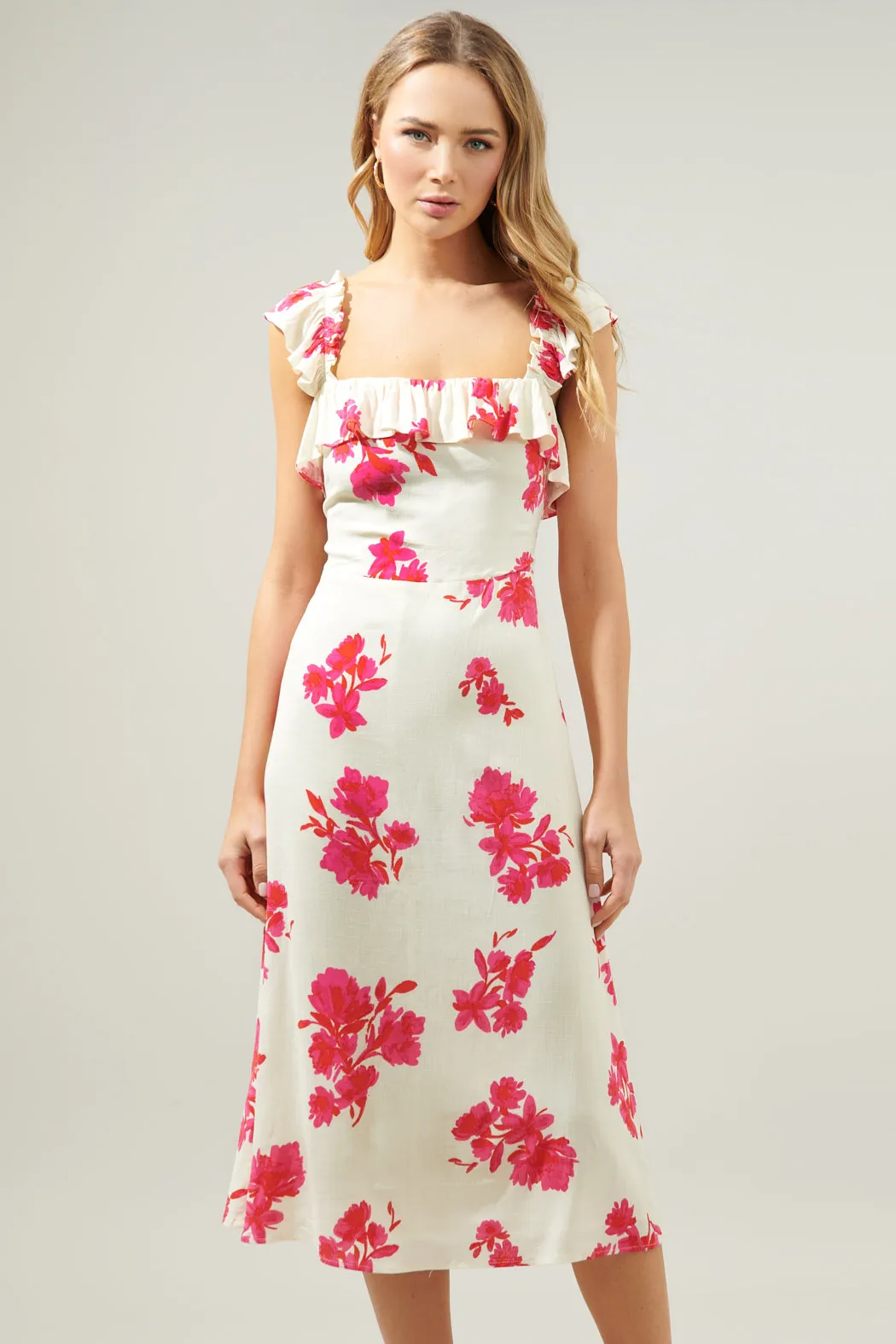 Nohea Floral Ruffle Trim Milo Midi Dress sold by Sugarlips
