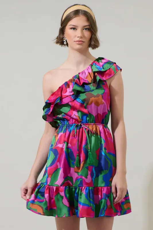 Evolet Floral Paradise Satin One Shoulder Mini Dress sold by Sugarlips