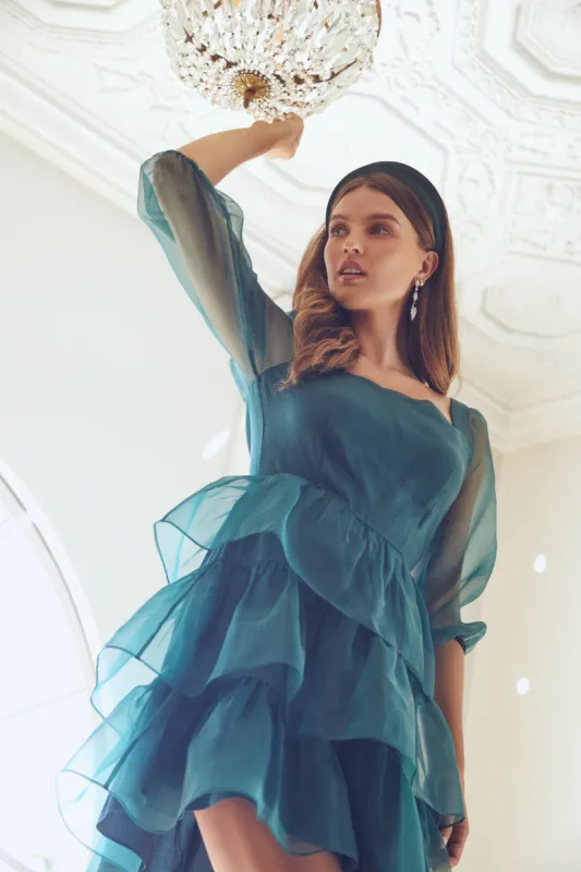 Ozzie Square Neck Organza Tiered Mini Dress sold by Sugarlips