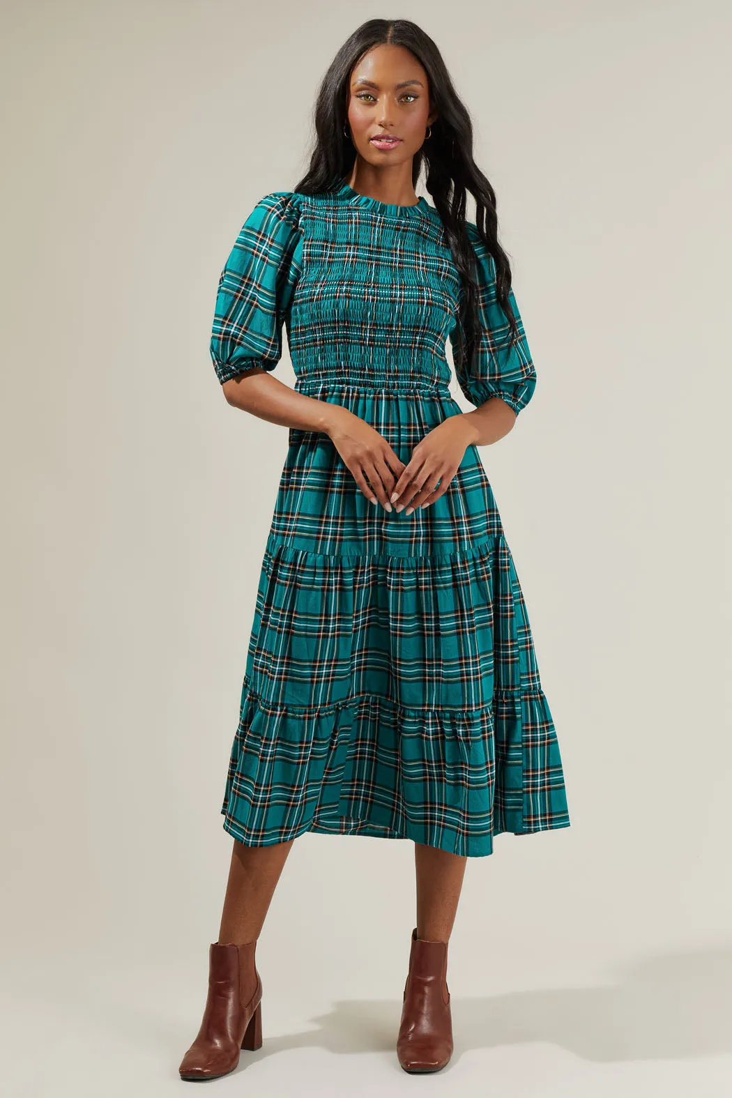 Melody Plaid Smocked Tiered Midi Dress sold by Sugarlips product image thumbnail 4