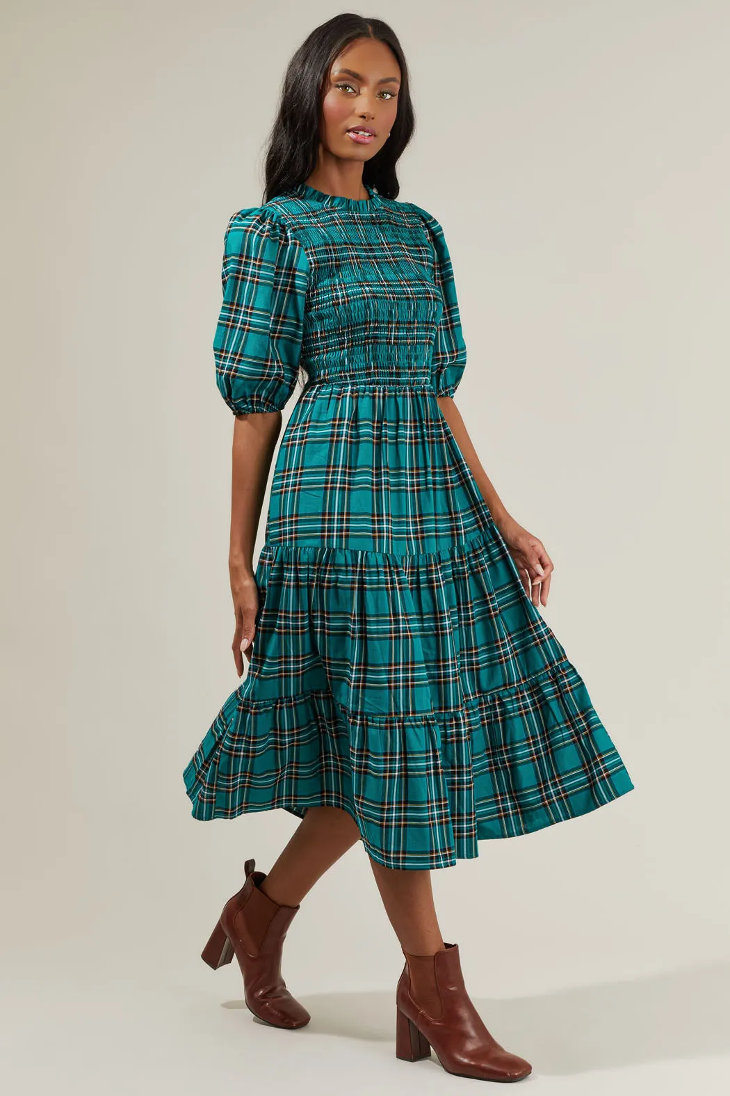 Melody Plaid Smocked Tiered Midi Dress sold by Sugarlips product image thumbnail 3