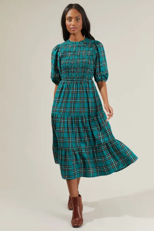 Melody Plaid Smocked Tiered Midi Dress sold by Sugarlips