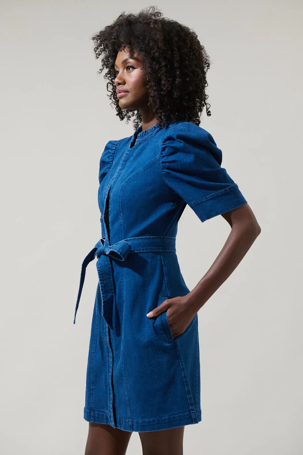 Jamie Denim Puff Sleeve Belted Mini Dress sold by Sugarlips product image thumbnail 3