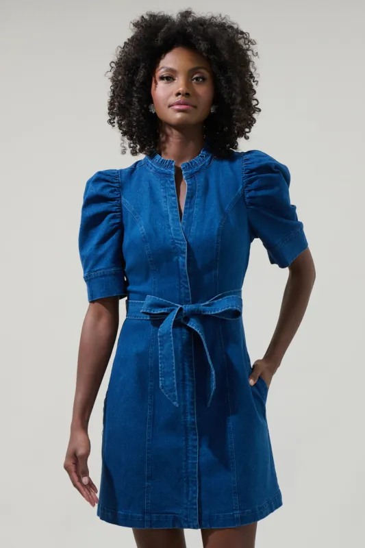 Jamie Denim Puff Sleeve Belted Mini Dress sold by Sugarlips