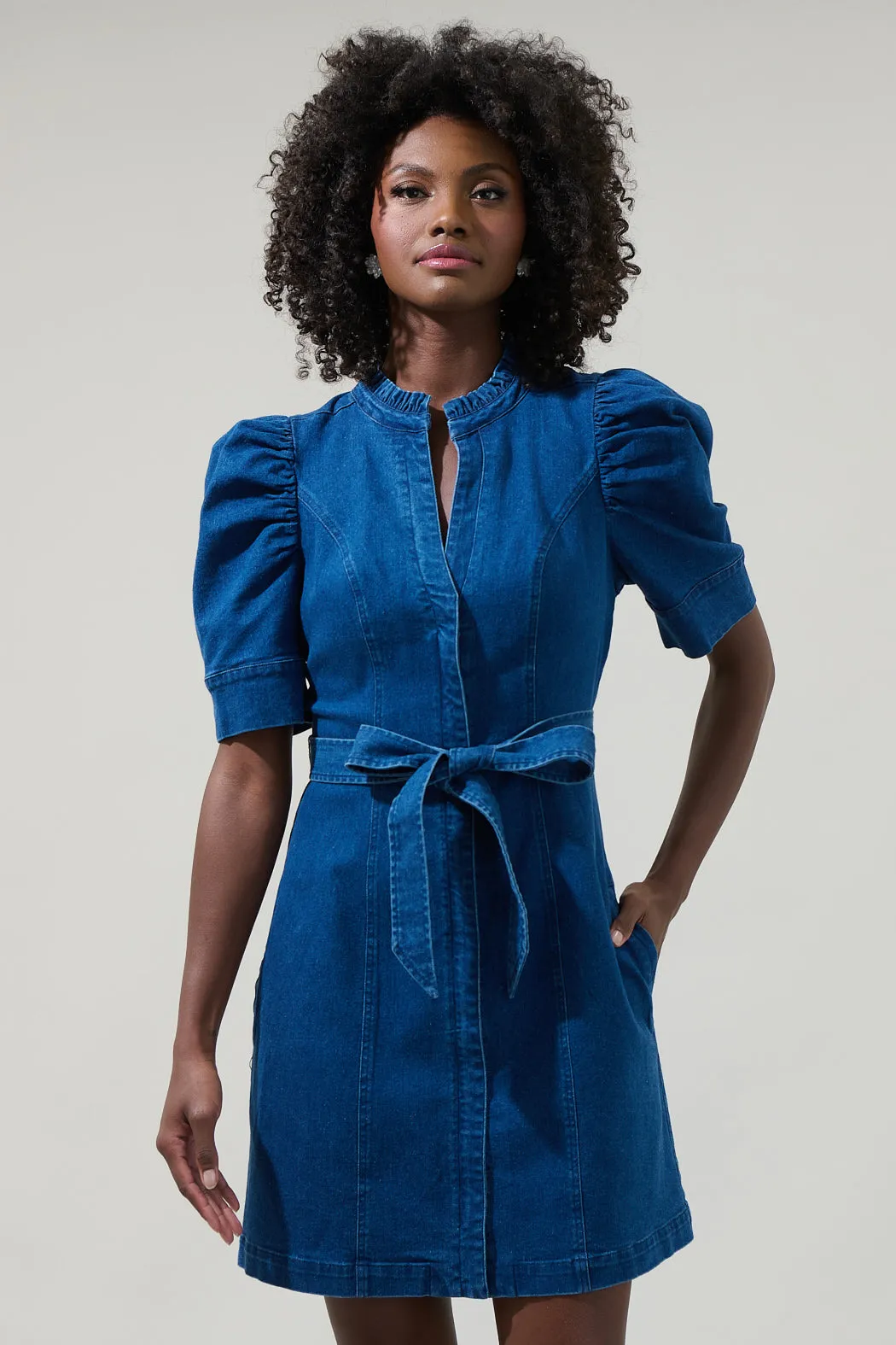 Jamie Denim Puff Sleeve Belted Mini Dress sold by Sugarlips