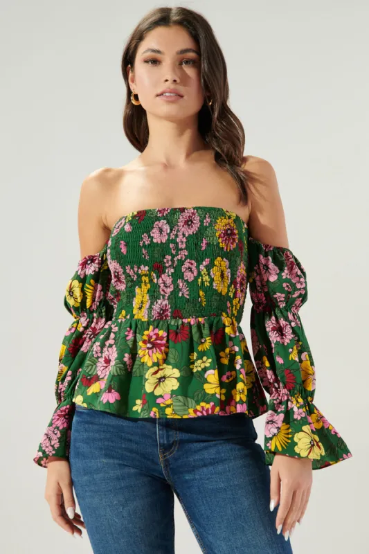 Everly Floral Off the Shoulder Smocked Peplum Top sold by Sugarlips