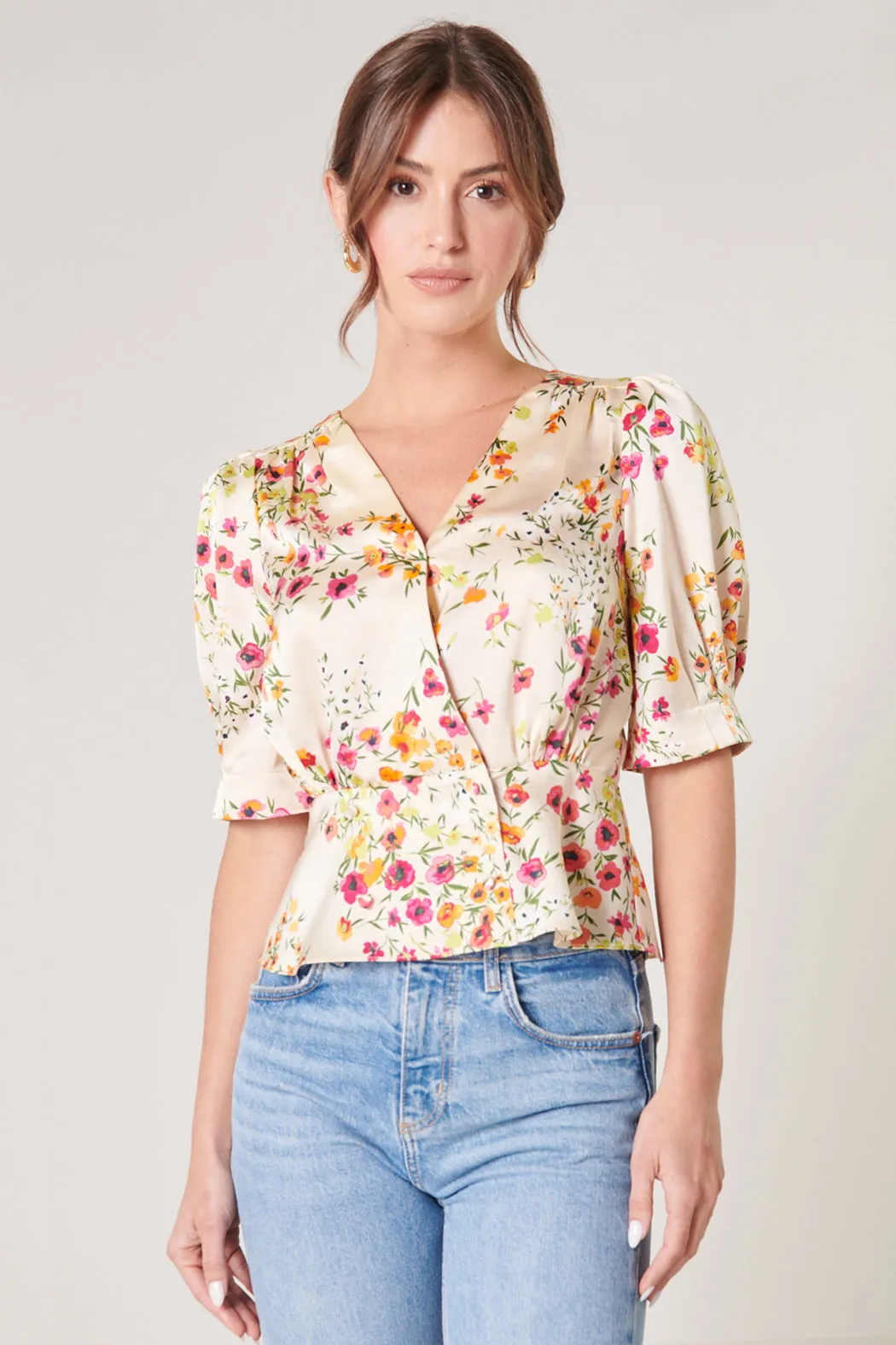 Marcia Floral Puff Sleeve Peplum Blouse sold by Sugarlips