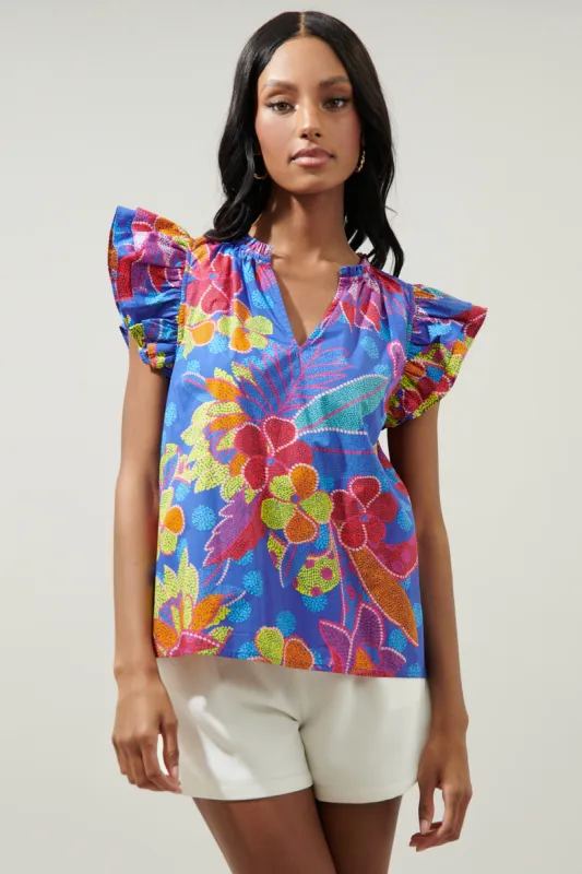 Amazonia Blue Risette Ruffle Cap Sleeve Split Neck Top sold by Sugarlips