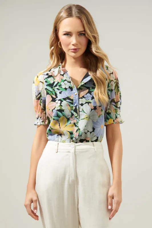 Topanga Floral Tailwind Henley Button Front Blouse sold by Sugarlips
