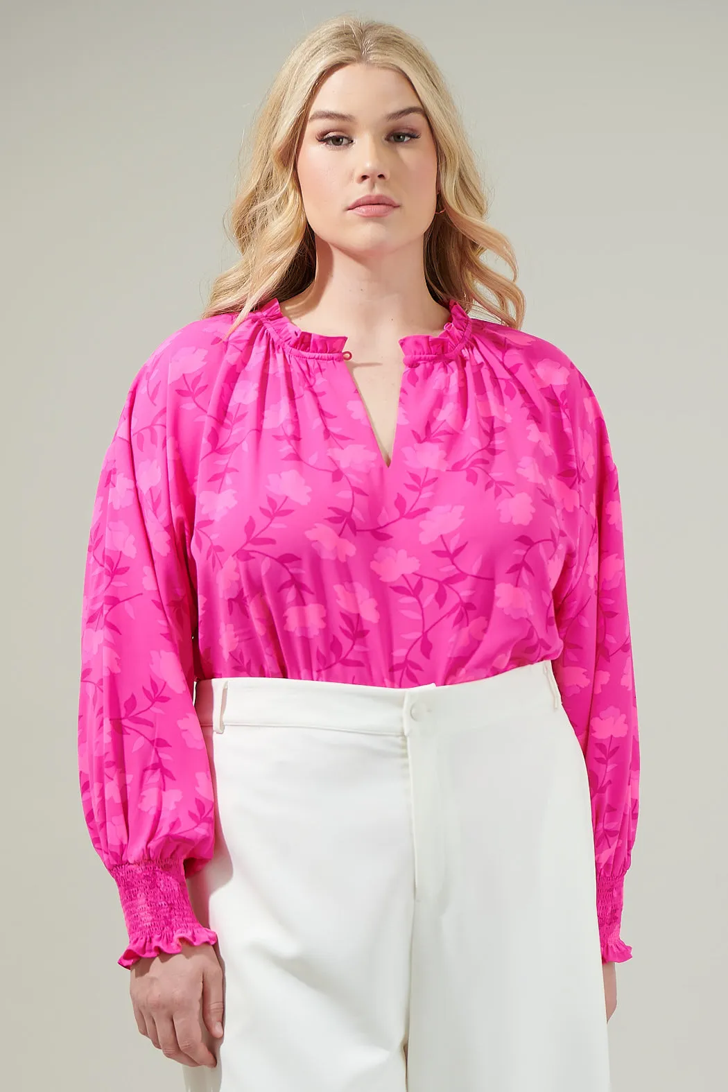 Clever Floral Split Neck Blouse Curve sold by Sugarlips