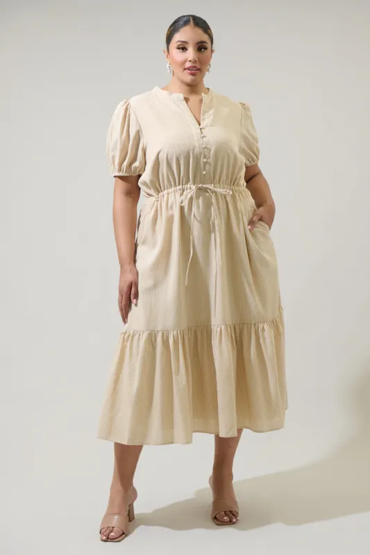 Zephyr Ticking Stripe Waist Tie Midi Curve Dress sold by Sugarlips