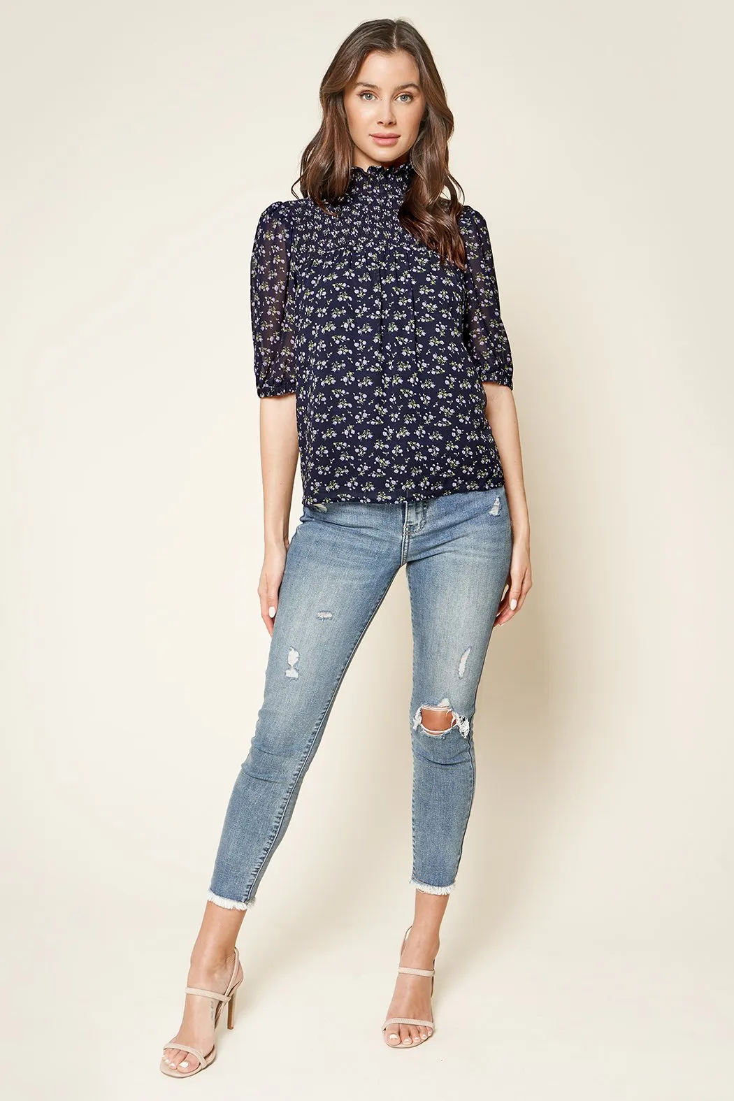 Reeva Floral Print Smocked Mock Neck Top sold by Sugarlips product image thumbnail 4