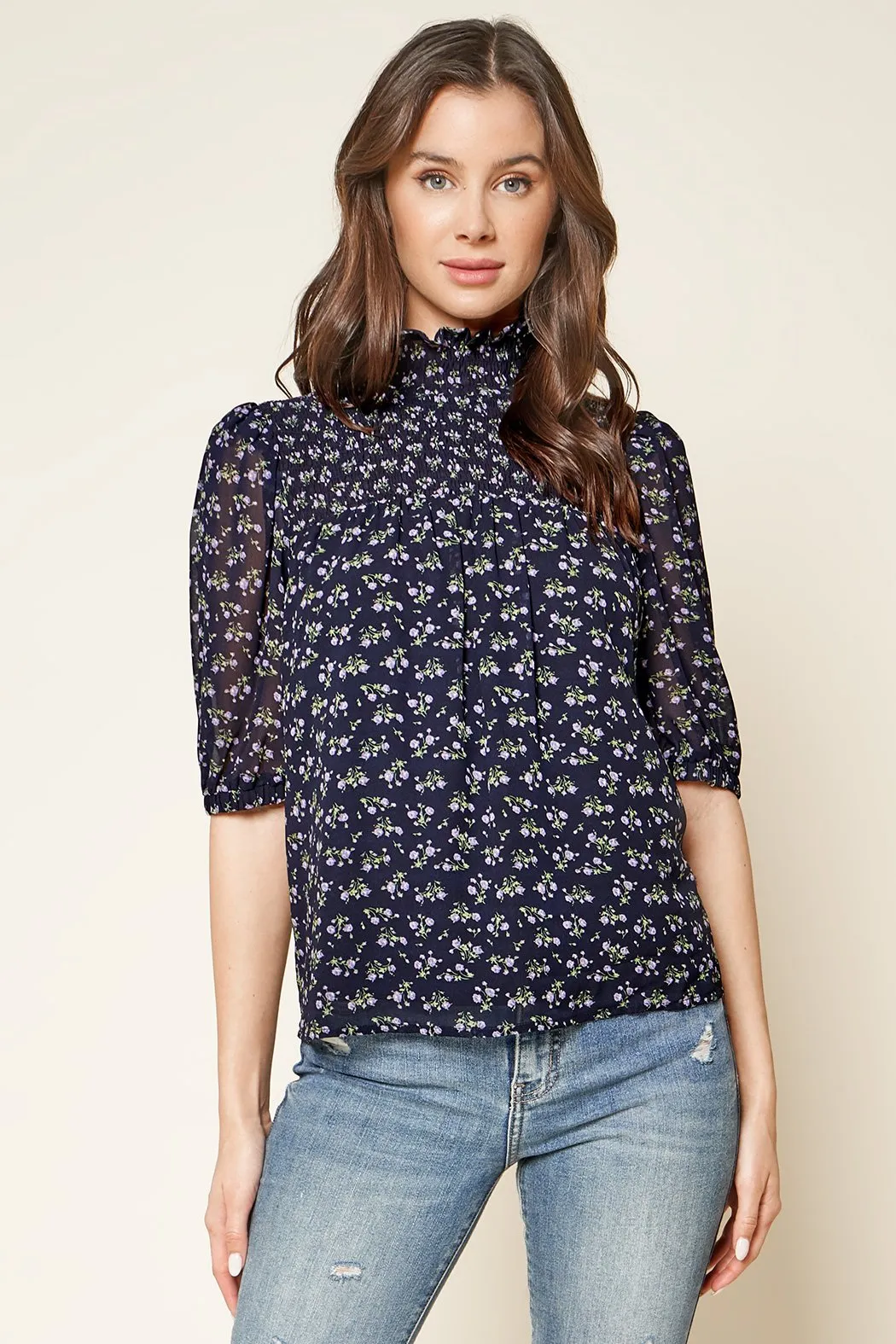 Reeva Floral Print Smocked Mock Neck Top sold by Sugarlips
