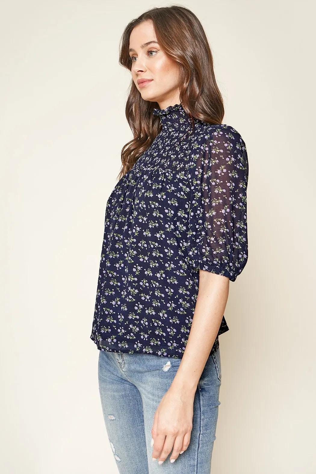 Reeva Floral Print Smocked Mock Neck Top sold by Sugarlips product image thumbnail 3