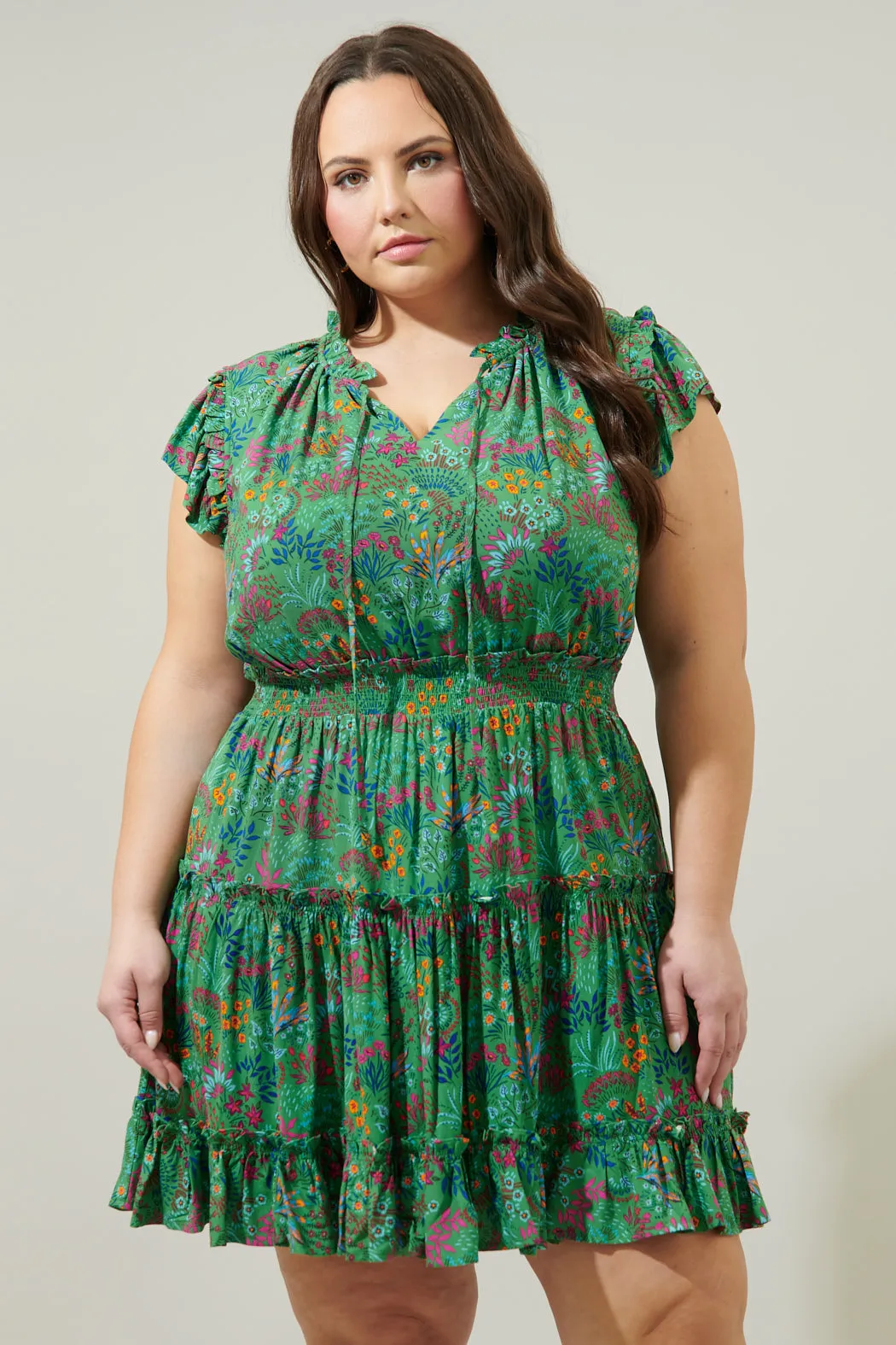 Ruya Floral Split Neck Toledo Tiered Mini Dress Curve sold by Sugarlips product image thumbnail 2