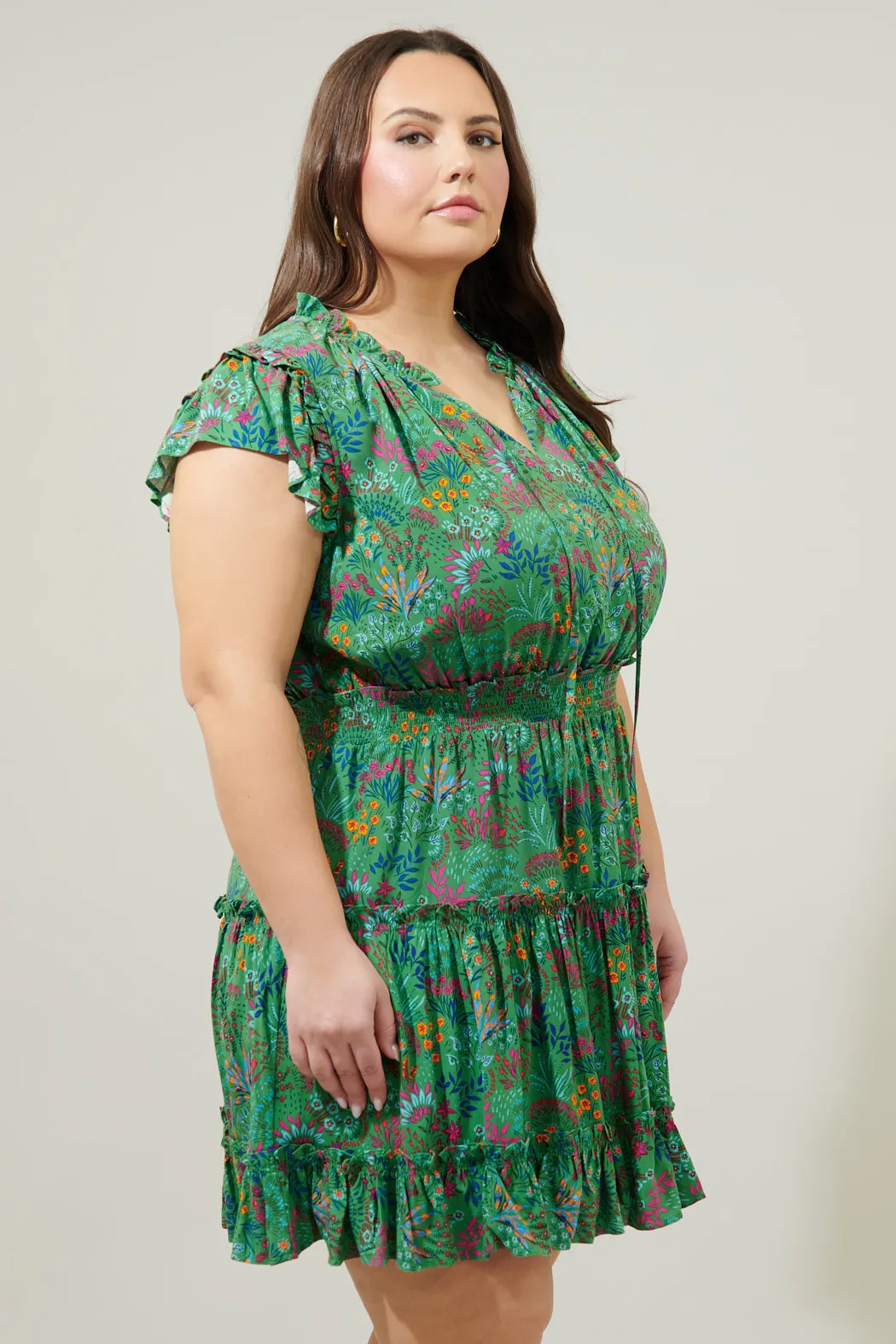 Ruya Floral Split Neck Toledo Tiered Mini Dress Curve sold by Sugarlips product image thumbnail 4