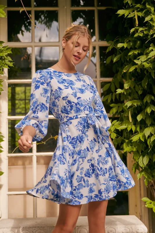 Antoinette Blue Floral Balloon Sleeve Derby Dress sold by Sugarlips